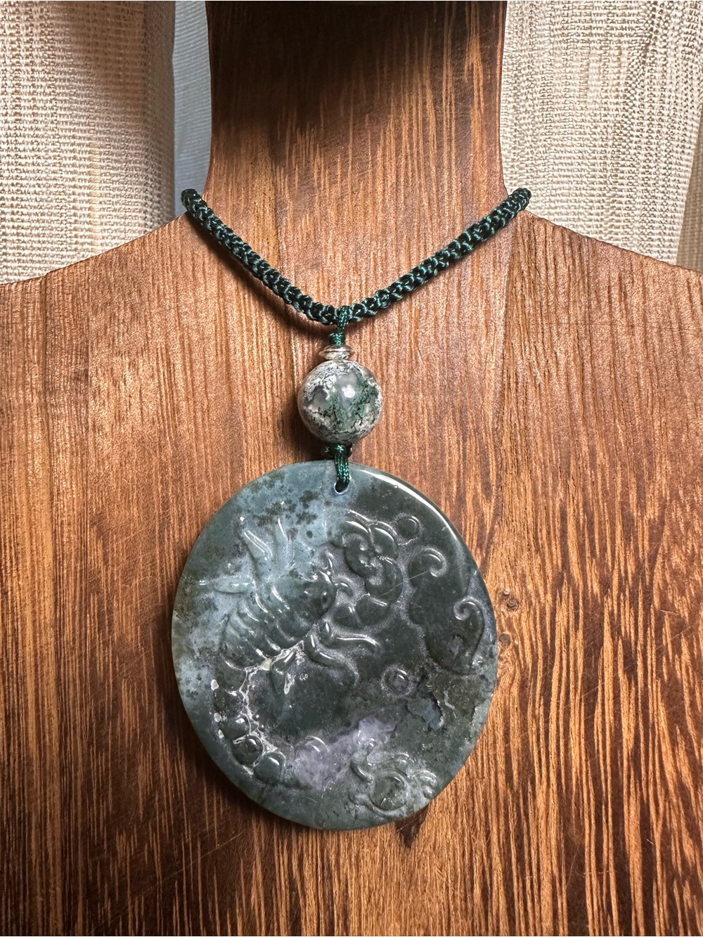 Moss Agate Scorpion Pendant Necklace on Green Rope - Picture 8 of 13